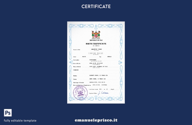modello PSD del certificato di nascita del documento di stato civile delle Fiji 
